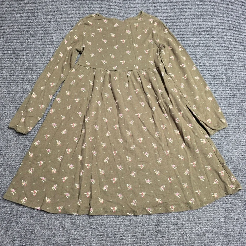 Gymboree Floral Pintuck Long Sleeve‎ Cotton Dress Girl's Size 10 Olive Green